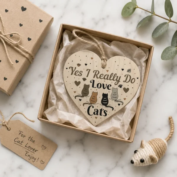 Yes I love cats wooden heart sign in kraft gift box with cat toy and gift tag flat lay