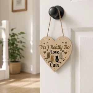 Yes I love cats wooden heart sign on cottage kitchen wall beside cat ornament and herbs