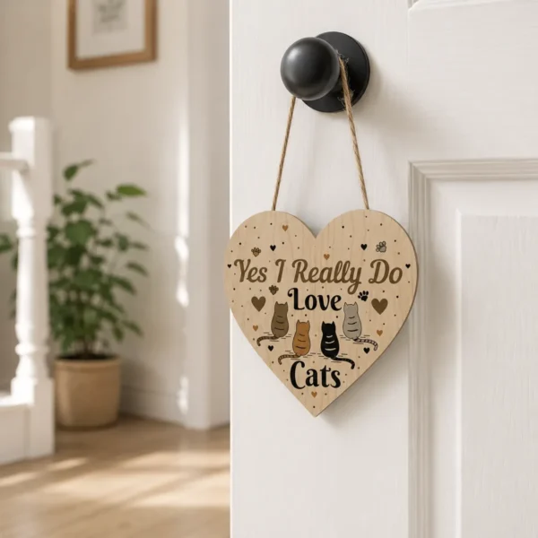 Yes I love cats wooden heart sign on cottage kitchen wall beside cat ornament and herbs
